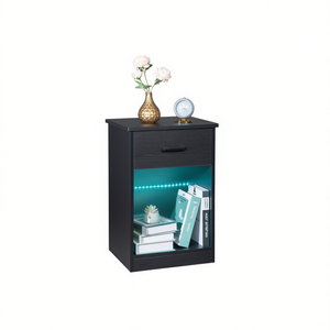 Mesita de noche negra, 40x35x60cm, cajón individual con luz Led y enchufe, muebles modernos para dormitorio - Product Image 1