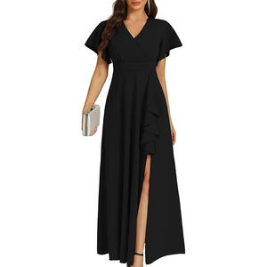 <span class=keywords><strong>Robe</strong></span> de cocktail longue élégante noire à col en V <span class=keywords><strong>pour</strong></span> femme avec logo personnalisé, <span class=keywords><strong>robe</strong></span> de soirée de <span class=keywords><strong>mariage</strong></span> à volants - Product Image 1
