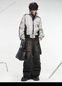 ZY 배기 카고 팬츠 남녀공용 와이드 레그 다크 워시 Y2K 힙합 하이웨이스트 캐주얼 스트리트웨어 그런지 블랙 - Product Image 2