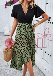 KISS ME ANGEL été tempérament à manches courtes col en V couleur <span class=keywords><strong>patchwork</strong></span> imprimé robe femme - Product Image 5