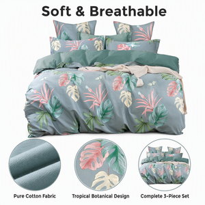 Juego de Ropa de Cama de Algodón Tropical Paradise de Polonia, Color Azul Salvia, Funda de Edredón Monstera para B&B, Envío Directo desde la UE, 3 Piezas - Product Image 2