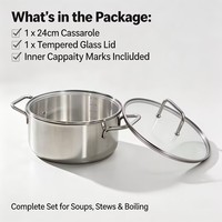 Ensemble de casseroles en acier inoxydable écologique de qualité supérieure, 2 pièces, résistant au four, compatible lave-vaisselle, avec couvercles en verre, compatible induction