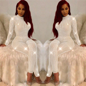 Sexy Bodycon Dài Tay Áo Liền Quần Sheer Thời Trang Lưới Hình Học Rhinestone Nhìn Xuyên Qua Romper Sparkly Overalls Combinason Femme - Product Image 4