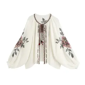 Beading Embroidered Shirts Blouse Cardigan Vintage Lace-up Tassel O-Neck Lantern Long Sleeve Blouses Top Hippie Chic spring