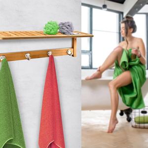 Wandregal Mit Hakenleiste Wandgarderobe Mit 4 Haken Badregal Mit Handtuchhalter, Bambus Wandhandtuchhalter, Garderobe Fur Diele - Product Image 1