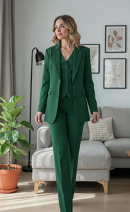 Traje de pantalón verde para mujer, elegante, hecho a mano, de tres piezas, con blazer, chaleco y pantalones acampanados, conjunto formal de primera calidad para oficina - Product Image 5