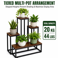 Rak Tanaman 4 Tingkat dengan Bagian Atas Kayu MDF Cokelat Rustic, Rak Pajangan Pot Bunga dari Besi Logam Hitam untuk Ruang Tamu Balkon Teras