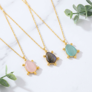 Wholesale 18k Gold Plated Gemstone Pendant Necklace <b>Beaded</b> Designer Bezel Set Teardrop Pendant Brass Jewelry Necklace for Unisex - Product Image 5