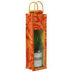 Bolsas para botellas de vino de yute 100% de arpillera biodegradable ecológica con ventana de PVC y mango de caña Embalaje textil - Product Image 1