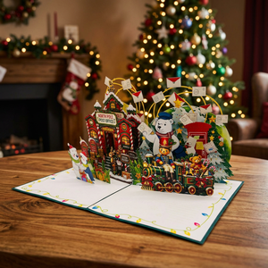 Carte de Noël pop-up 3D, bureau de poste du Pôle Nord, train des ours polaires, impression de dessin animé, artisanat en papier fait main, carte de vœux de Noël - Product Image 2