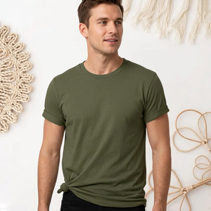 Camiseta de Algodón Verde Oliva para Hombre, Manga Corta, Cuello Redondo, Corte Regular, Color Sólido Informal, Tejido Jersey Transpirable - Product Image 1