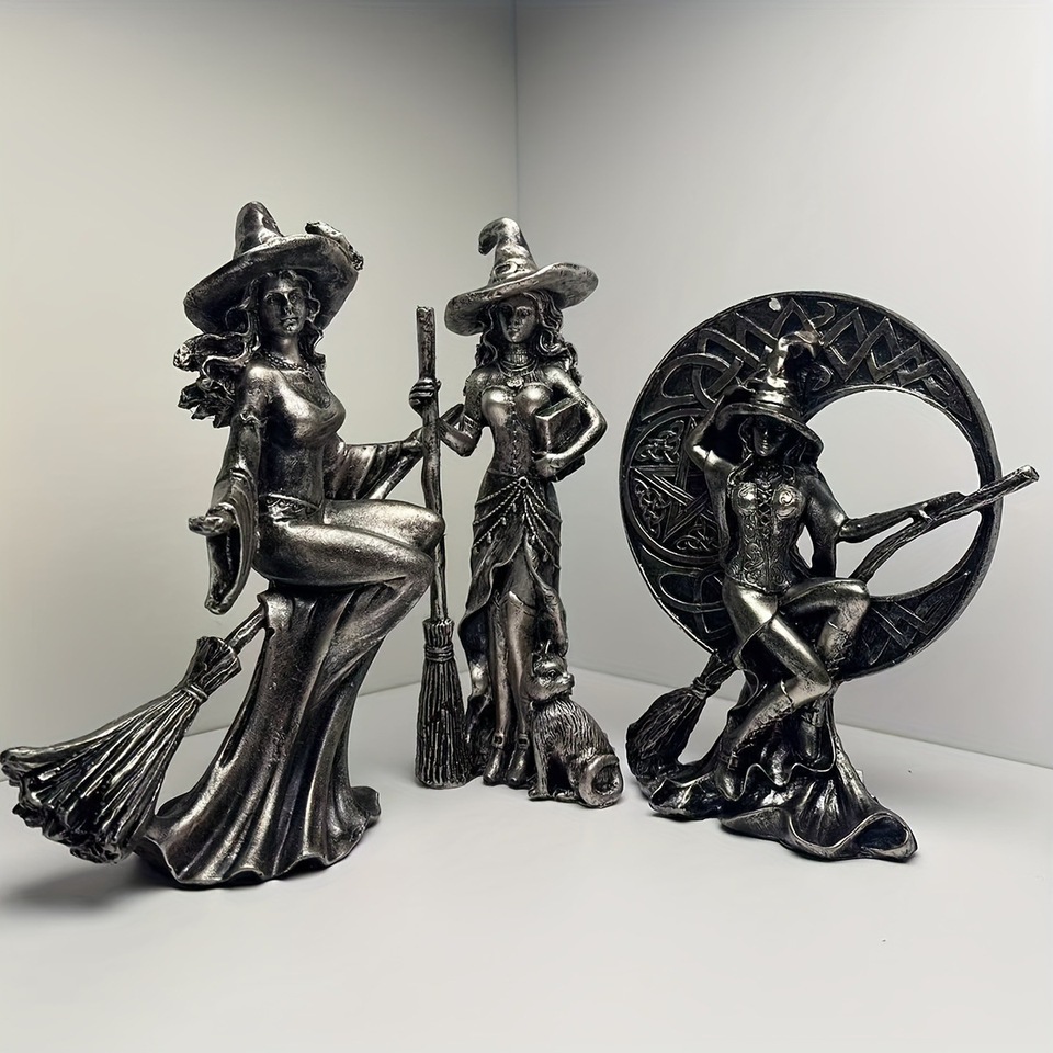 Resin Moon Witch With Broomstick & Cauldron Bca45 European Style Creative Decorative Crafts