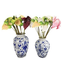 Bunga Anthurium Buatan Bentuk Hati 3D-printed Tekstur Realistis Tangkai Tunggal Hijau Pink Guanyin Lotus Bahan EVA Rustic