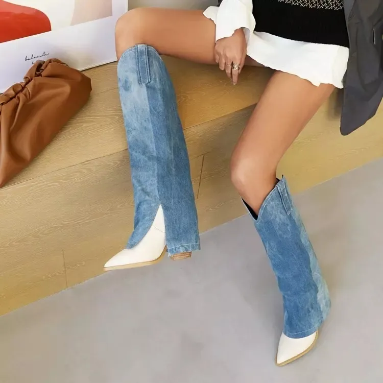 Support ODM/OEM Handmade Pointed Toe Denim Materials Upper Women's Knee High Boots Chunky Heel Slip On Fashion Winter Long Boots