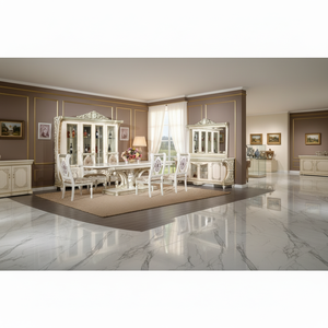 Set da Pranzo Europeo Personalizzato in Stile <span class=keywords><strong>Barocco</strong></span> Bisini con <span class=keywords><strong>Tavolo</strong></span> <span class=keywords><strong>Allungabile</strong></span> in Legno Massello e Sedie in Tessuto con Rilievi Intagliati a Mano - Product Image 1