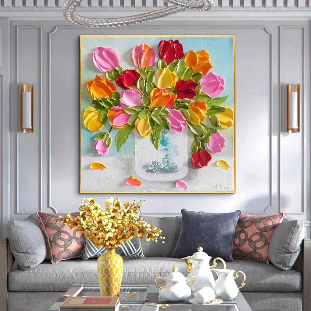 गृह सजावट मोटी हाथ चित्रित कैनवास फूल तस्वीर आधुनिक फूल हस्तनिर्मित कैनवास तेल चित्रकला