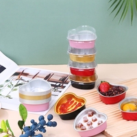 Moule à gâteau en forme de cœur jetable en aluminium coloré, moule à pâtisserie, gobelets à pudding avec couvercle en plastique