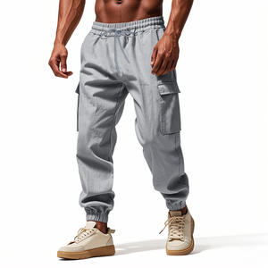 Pantaloni <span class=keywords><strong>Cargo</strong></span> Casual da Uomo 100% Cotone <span class=keywords><strong>Lino</strong></span> Tinta Unita Taglia Grande Vestibilità Comoda - Product Image 2