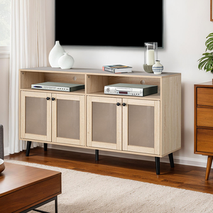 Mid-Century Minimalist Wooden TV Stand with <b>Adjustable</b> Storage Tapered <b>Legs</b> Round Knobs Natural Finish for Home Living Room - Product Image 1