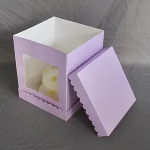 Eco Friend Food Grade Printing Foldable Cake Food Cookie Bread Pastry Purple Tall Cake Box With Scalloped Window