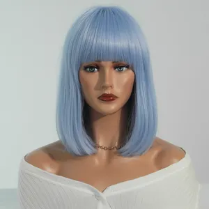 Perruques bleu clair pour femmes, perruque Bob courte droite avec frange, perruques synthétiques colorées de longueur d'épaule pour fête de Cosplay