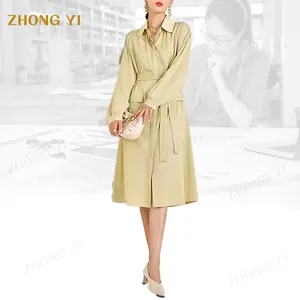 Polyester Casual Solid Color Shirt Dress Long Sleeve Belt Button Design Autumn Gentle Lady Lapel Office Women Midi Casual Dress