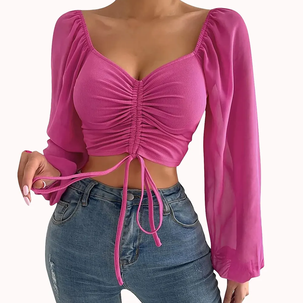 sexy long bishop Sleeve Shirt Womens Blouses Wholesale Clothing Casual Plain Custom Rib Chiffon Top