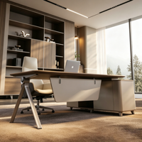 Escritorio Ejecutivo de Lujo para CEO, Muebles de Oficina de Madera y Cuero con Archivador y Librero