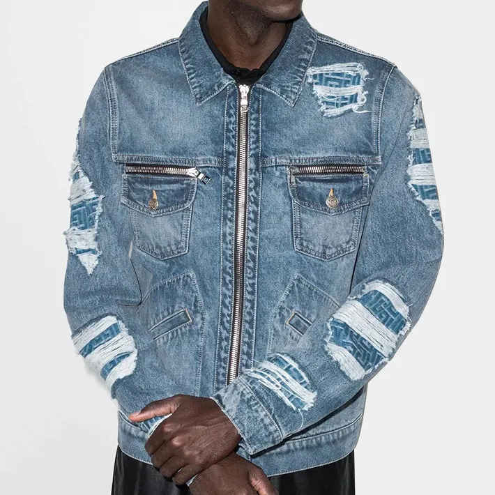 Hot Sales embroidered jacket ripped denim blue jacket for men