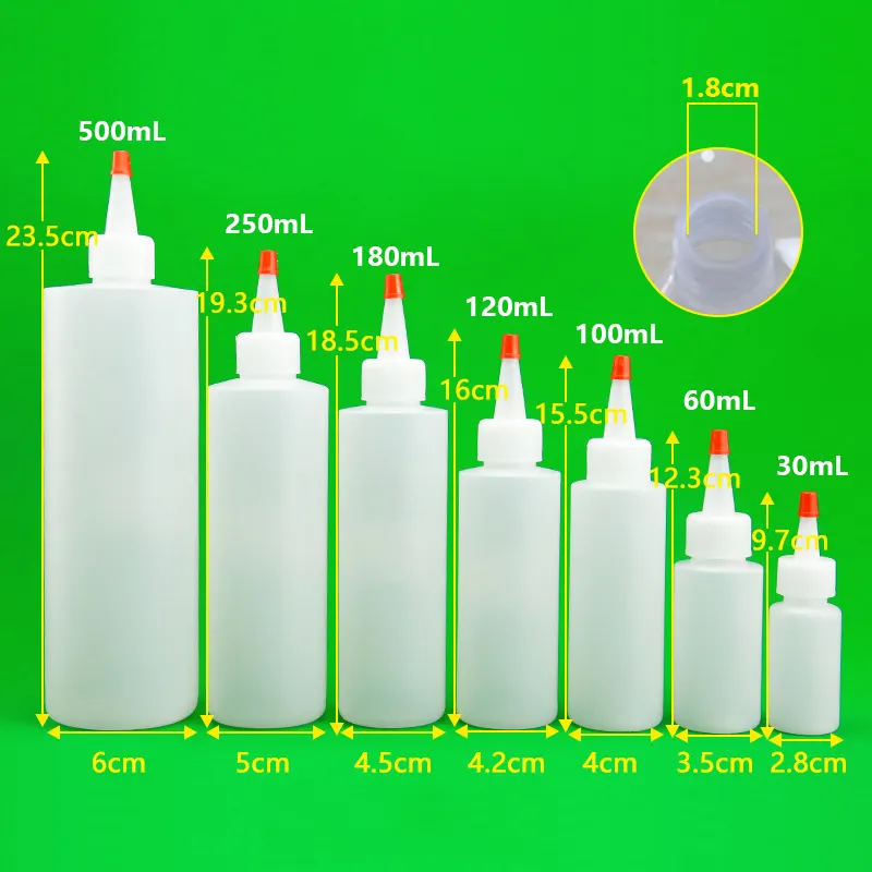 30ml 60ml 100ml 120ml 180ml 250ml 500ml bottiglia di olio bottiglia di plastica PE con tappo a fogli mobili