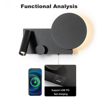 Lampe murale de lecture moderne pour hôtel, 15W, noir et blanc, pour chambre à coucher, chevet, applique murale, alimentation avec USB et Type-C