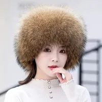 Chapeau en fourrure de raton laveur russe MWfur, fourrure de renard blanc argenté, pour femmes, chapeau en fourrure de renard pelucheux d'hiver avec queue