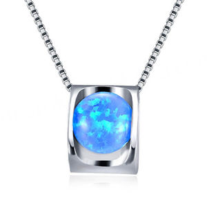 Collares de Ópalo de Fuego Blanco de Moda con Colgante Geométrico de Piedra Redonda Rellena de Plata de Ley 925 para Mujer - Product Image 3