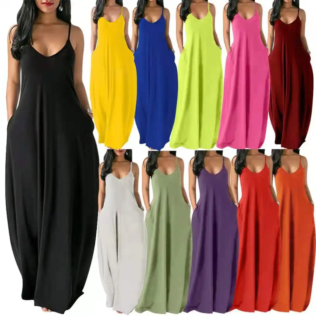 Femmes Poche Longue Robe Sexy Col V Sans Manches Lâche Casual Robes D'été De Courroie De Gaine Solide Couleur Plage Maxi Robe S-5XL