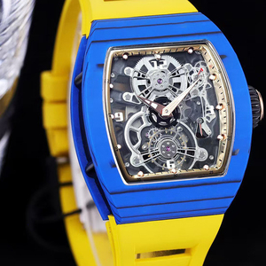Reloj Mecánico de Lujo para Hombre, de Fibra de Carbono Azul, con Esqueleto Dorado, Forma Tonneau, Resistente al Agua, Automático, Venta al Por Mayor de Fábrica - Product Image 1