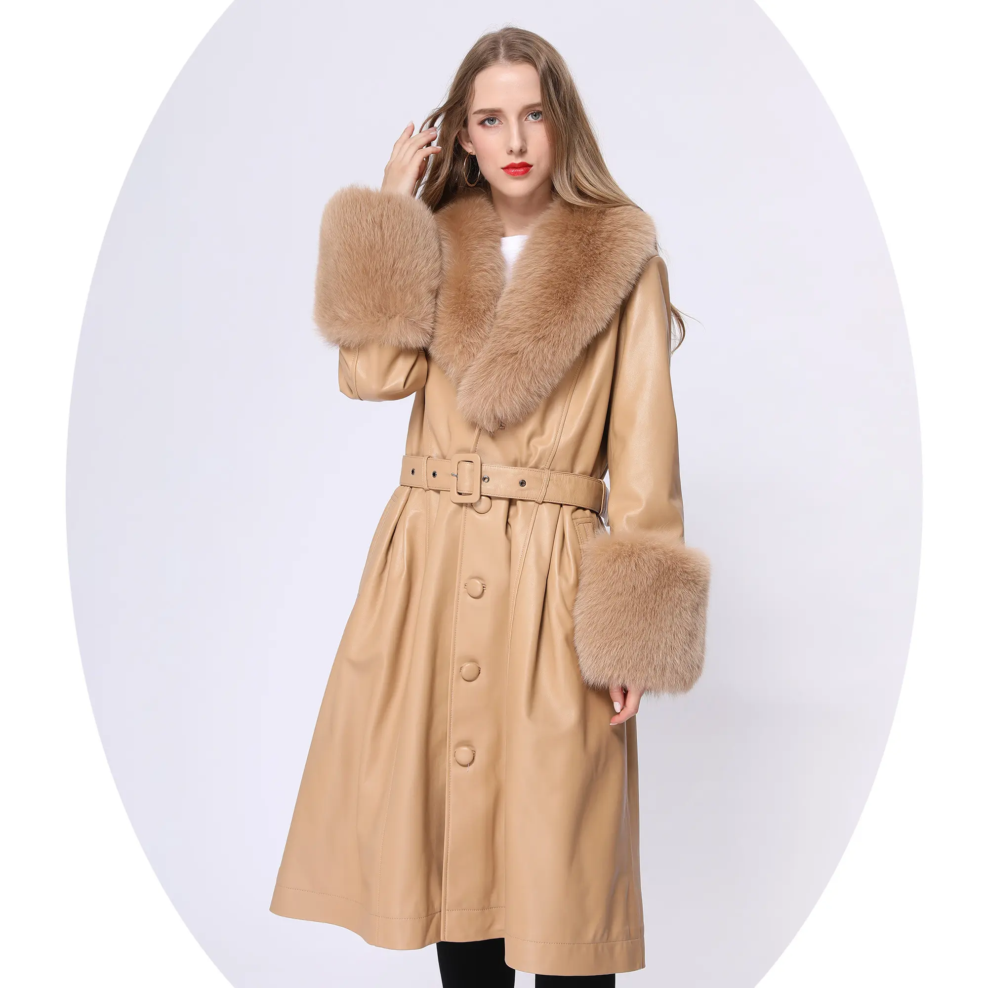 Produsen Wanita Puffer Gelembung Jaket Bulu Kulit Mantel Bulu Asli Musim Dingin Ukuran Plus Wanita Mantel Kulit Domba Panjang dengan Bulu