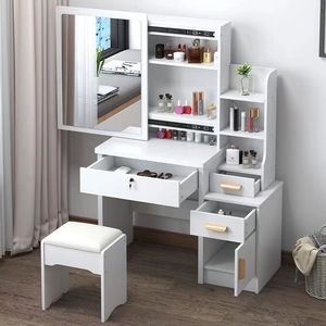 Table de toilette multifonctionnelle blanche <span class=keywords><strong>rustique</strong></span> et élégante avec miroir LED et organiseur de tiroirs, <span class=keywords><strong>coiffeuse</strong></span> vintage pour chambre à coucher - Product Image 2