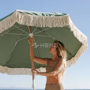 <span class=keywords><strong>Parasol</strong></span> de plage bohème de luxe en bois véritable de 200 cm, imprimé personnalisé vintage, recyclé, avec pompons – Prix usine - Product Image 2