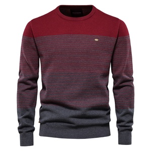 Men's Slim Crew Neck <strong>Striped</strong> Pullover 100% Cotton Long Sleeve Hand Knitted <strong>Sweater</strong> for Winter <strong>Olive</strong> Color