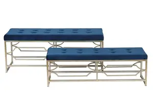Bailey blue velvet bench living room furniture metal frame chair with shoe rack Seater Storage Stool