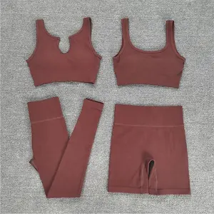 Hochwertiges geripptes 2-teiliges Yoga-nahtloses Set Benutzer definiertes Logo 4-teiliges Shorts Gym Leggings BH-Set für Frauen
