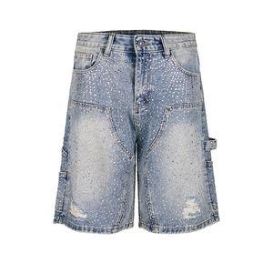 TKAN NZ02 Y2k Streetwear longueur au genou Jean Shorts strass Graffiti imprimé Baggy Vintage lavé en détresse hommes Denim Jorts - Product Image 2