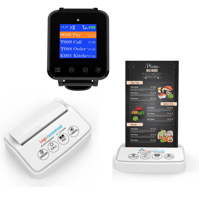 Artom Customized Waterproof Watch Pager and Call Button With Menu Stand in Different Languages or Text