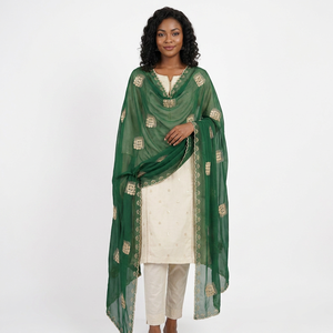 Wholesale Women Green <b>Chiffon</b> Shawl Geometric Embroidery Lightweight Breathable Ethnic <b>Scarf</b> Modest Wear Daily Wrap OEM Supplier - Product Image 1