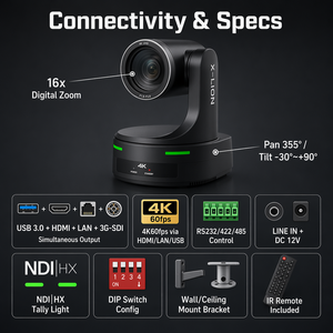 กล้อง 4K Ultra HD PTZ <span class=keywords><strong>NDI</strong></span> HX3 60fps ซูมออปติคอล 12/20 เท่า ระบบติดตามอัตโนมัติด้วย AI รองรับ PoE/SDI/USB/IP สำหรับการถ่ายทอดสด ระบบประชุมลดเสียงรบกวน - Product Image 6