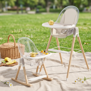Chaise haute multifonctionnelle réglable pour bébé, style moderne, en bois, pour l'alimentation et l'allaitement, avec double plateau en plastique de qualité alimentaire - Product Image 1