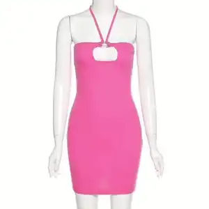 new spring women's dress fashion knit ladies dress suspenders open back bright pink women's dress