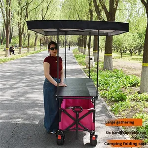 屋外カスタムワイドホイール折りたたみカートガーデンワゴンビーチ折りたたみキャンプワゴン取り外し可能サンシェード付きワゴンベビーカー - Product Image 3