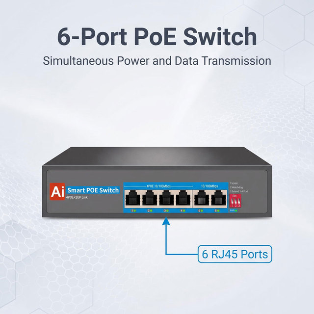 AI PoE Switch 4 Port PoE + 2 Uplink 10/100Mbps Ethernet 65W Built-in AI Watchdog PoE Switch for IP Cameras
