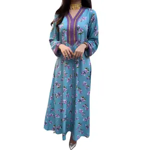 中东穆斯林女装新款印花模特春夏abaya印花钻石拼接蕾丝时尚复古睡袍